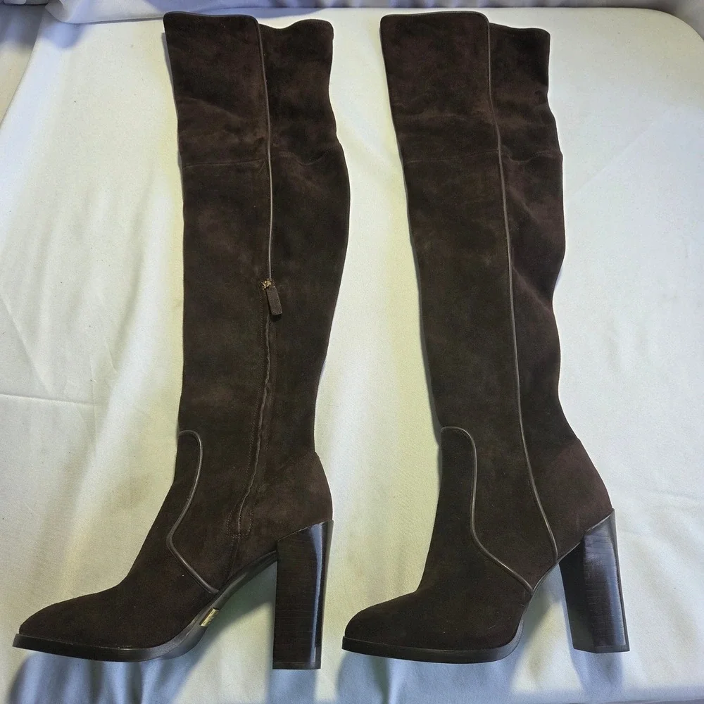 Michael Kors Collection Cutler Brown Suede Over The Knee Block Heel Boots Sz 38